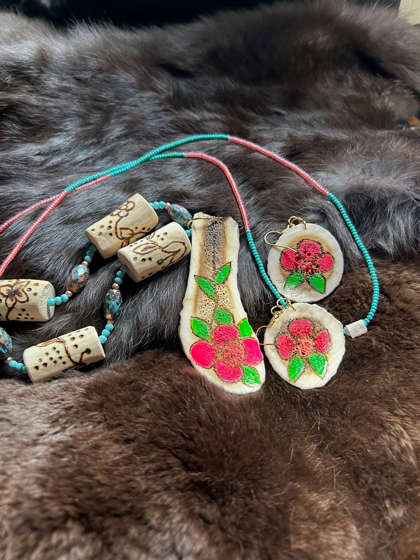 Deer Antler & Devils Club Beads Necklace and Earrings