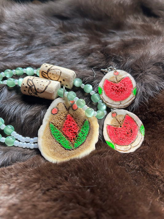 Deer Antler and Devils Club Beads Necklace and Earrings